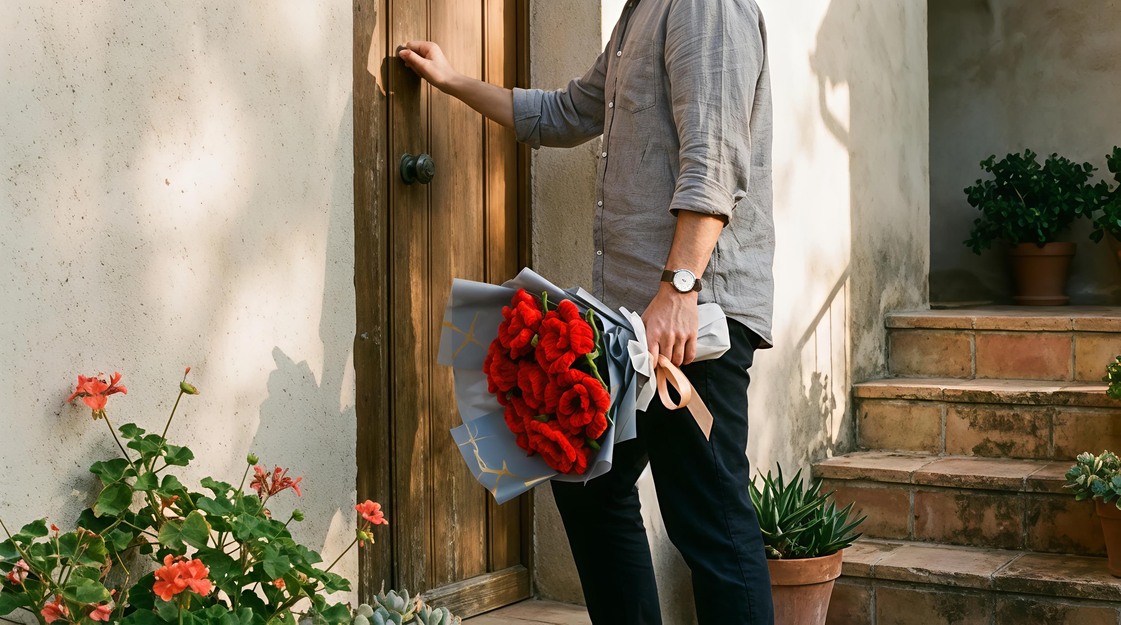 Someone stands at the door of a house holding a bouquet of handmade scarlet carnations down at their side, about to knock.