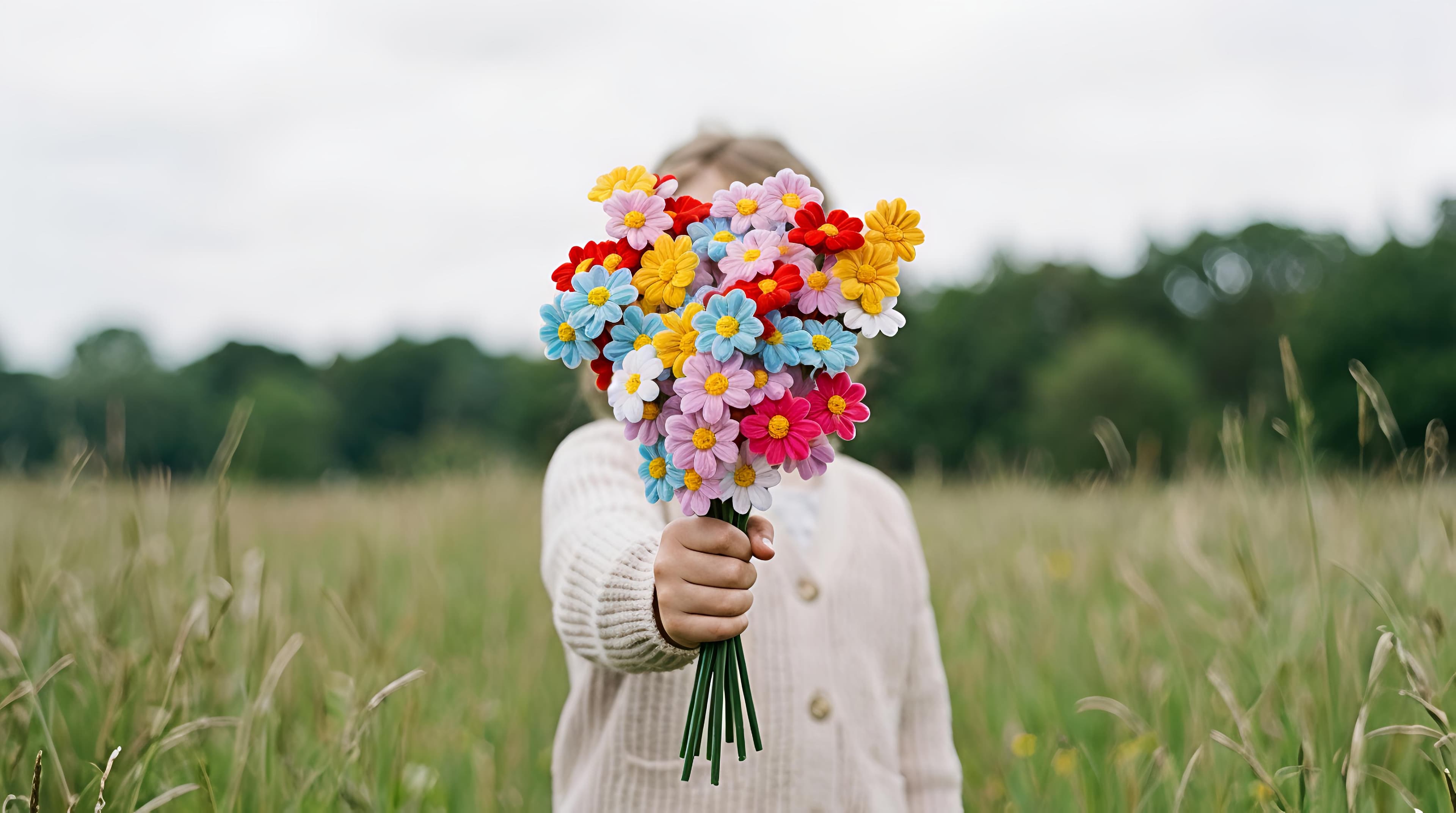 A child in a meadow holds out a handful of handmade daisies toward the camera, bright blue, yellow and pink against long summer grass.