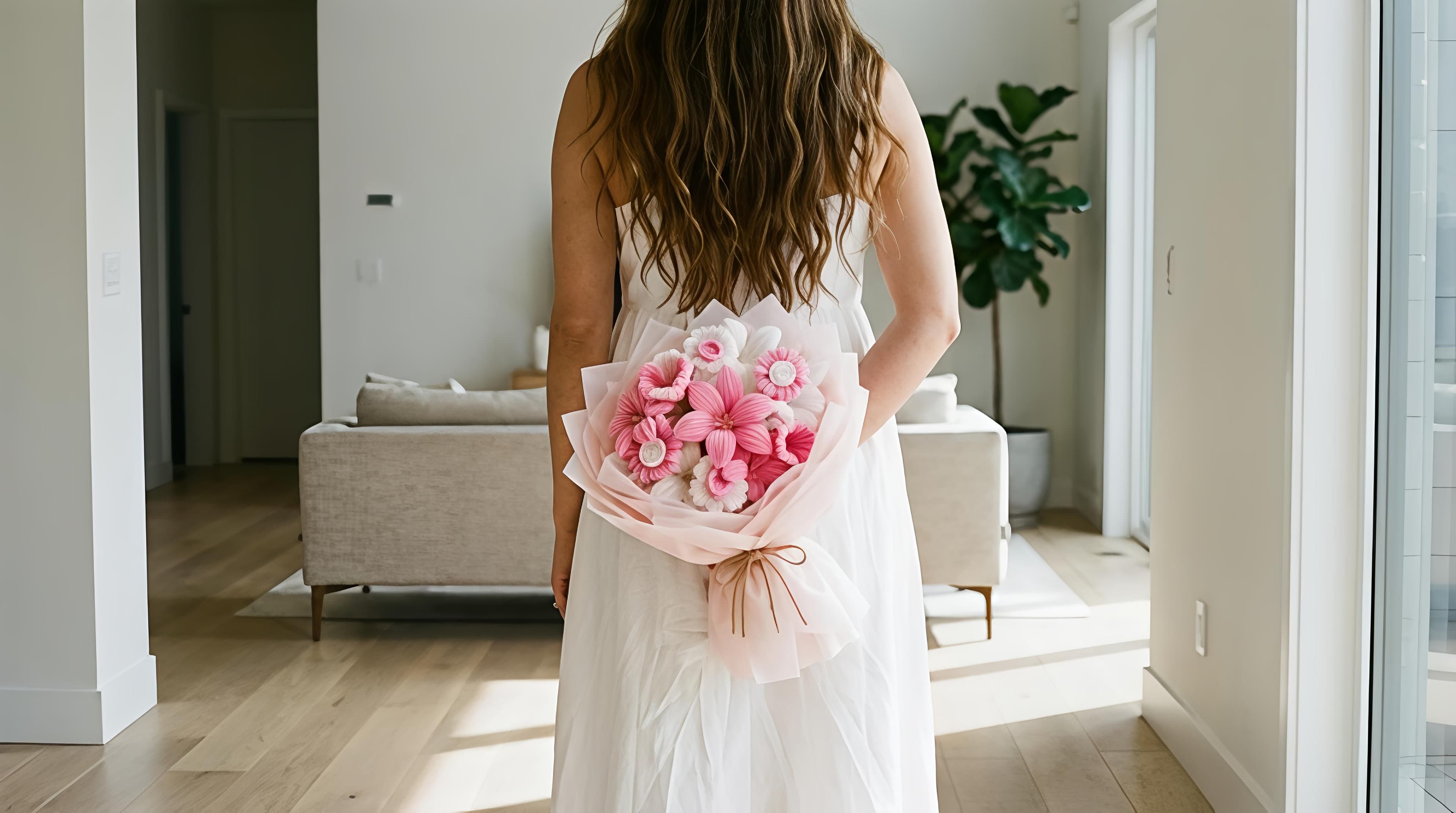 A woman stands by a window in a bright modern room, a bouquet of handmade blush pink lilies held at her side.