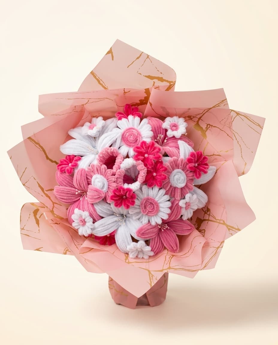 A round handmade bouquet of blush and white daisies and lilies with pearl centres, wrapped in blush paper marbled with gold.