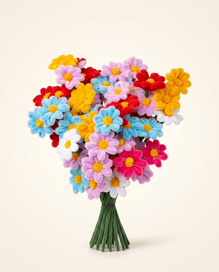 A handmade bouquet of about thirty bright daisies in blue, yellow, lilac, red, pink and white, each with a yellow centre, held together by their bare green stems with no wrapping.