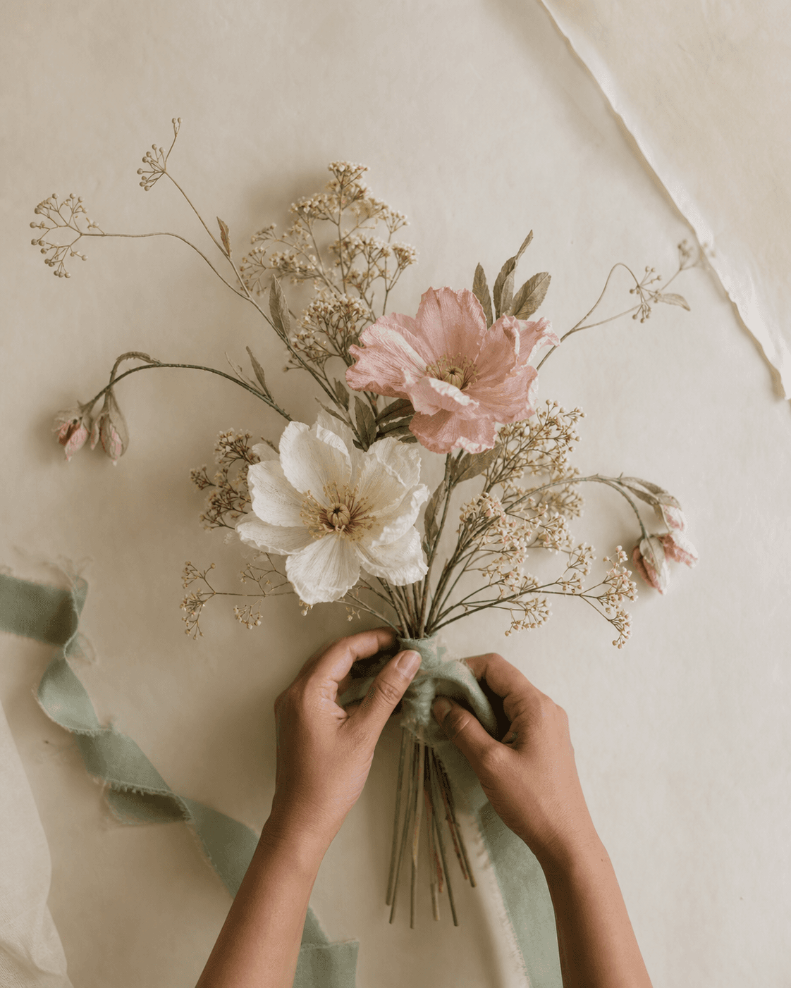Hands arranging a handmade bouquet of fibre flowers on an ivory studio table.