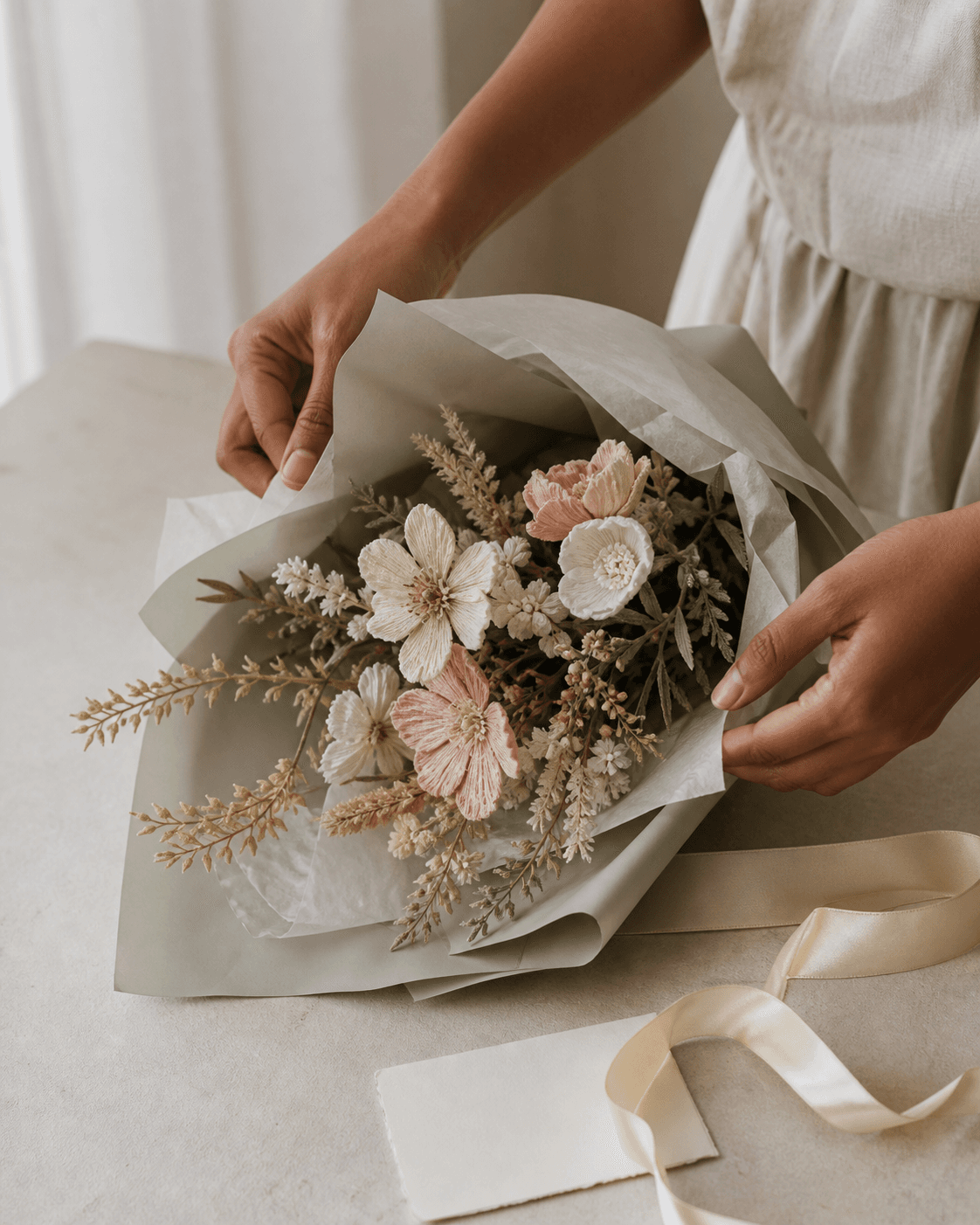 Hands wrapping a finished handmade bouquet in cream tissue and a muted sage paper wrap.